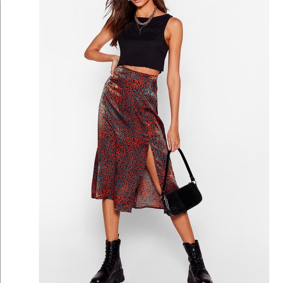 Satin Animal Print Slit Midi Skirt - Picture 2 of 6